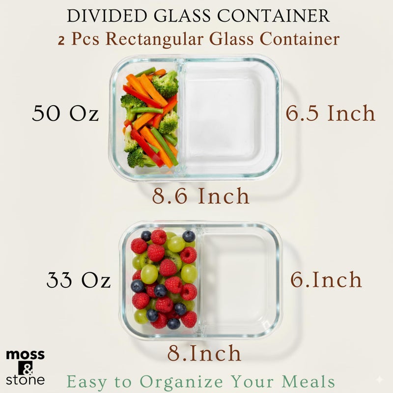 Moss & Stone Moss and Stone Rectangular Borosilicate Glass Meal Food Containers - Prep Food Storage Containers Airtight - Snap Locking Lids â€“ Microwave, Oven, Freezer, Dishwasher Safe â€“ with 2 Compartment 2 Pack - Image 3